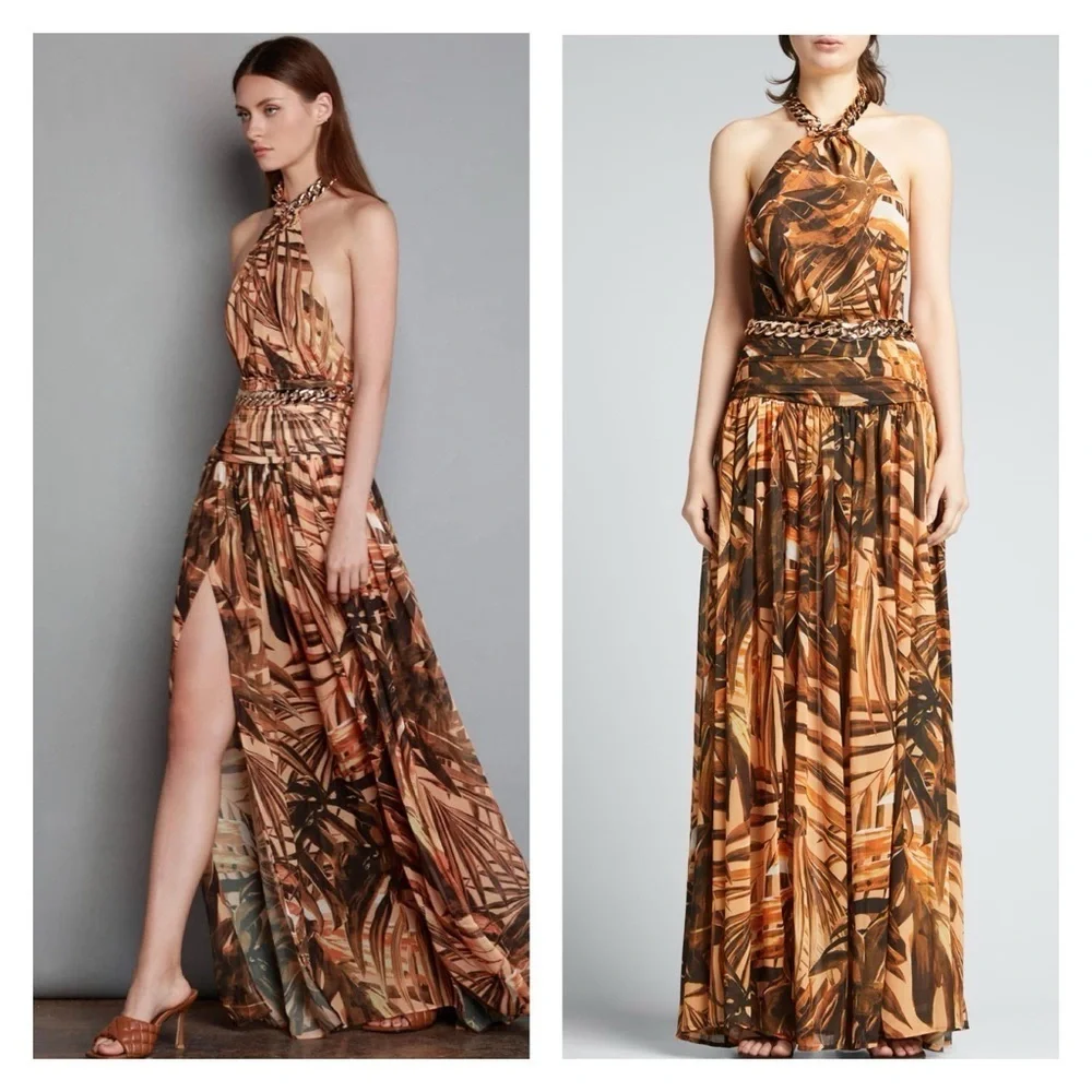 Bronx & Banco Kenya Silk Halter Maxi Dress Brown Animal Print Medium NWT - Picture 3 of 15
